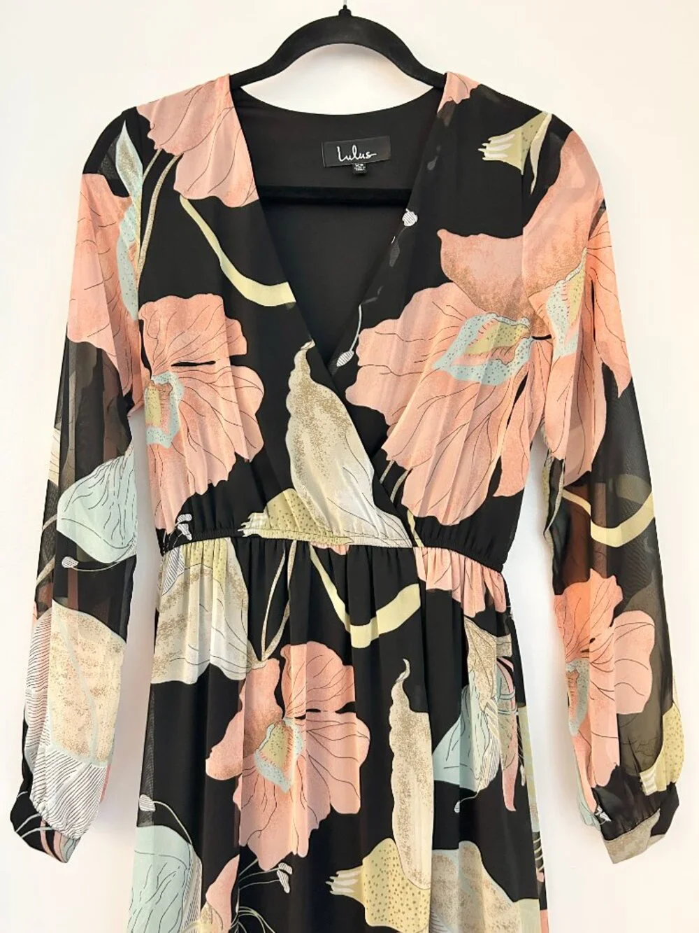 Lulus Wondrous Water Lilies Black Floral Print Maxi Dress Size XS